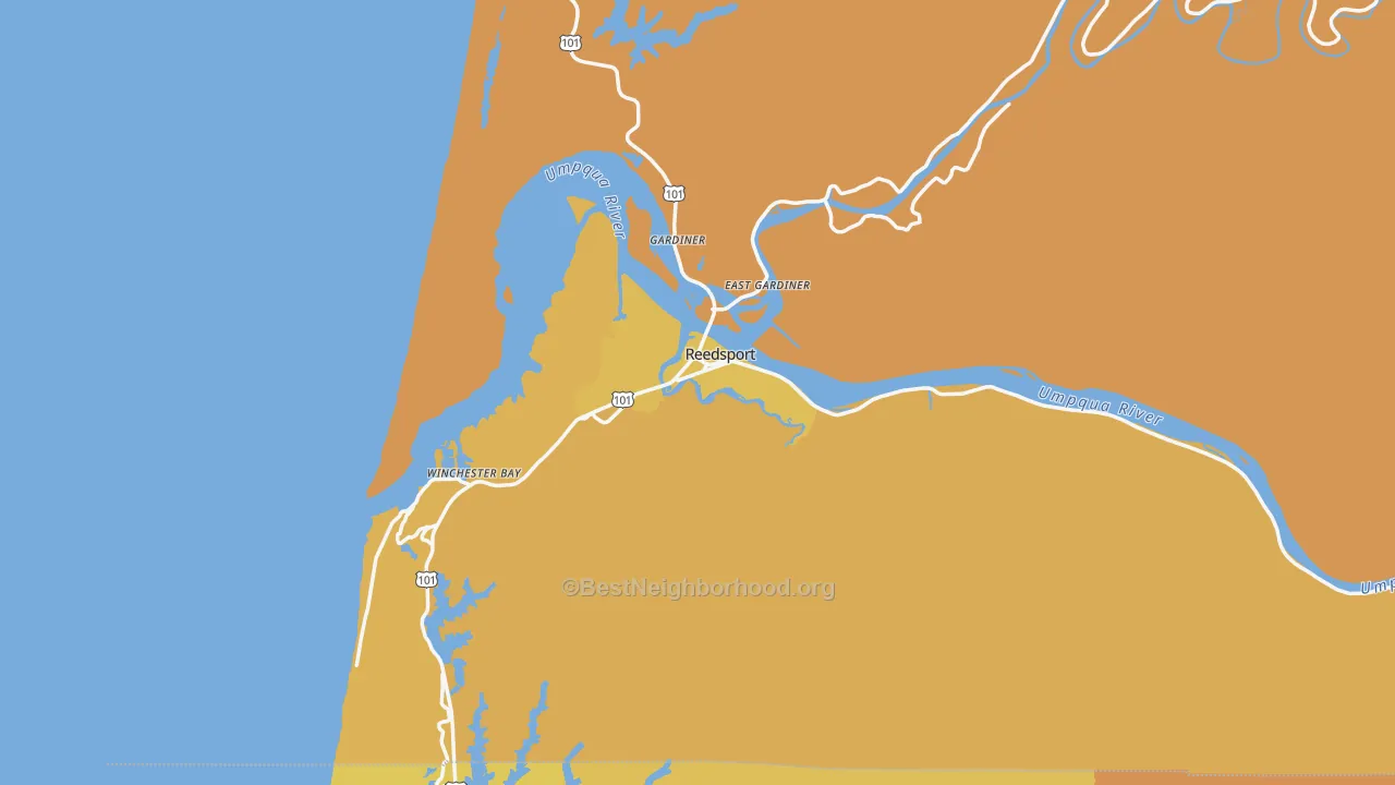 Map of the best neighborhoods in the 97467 area, with better matches in green and worse matches in red