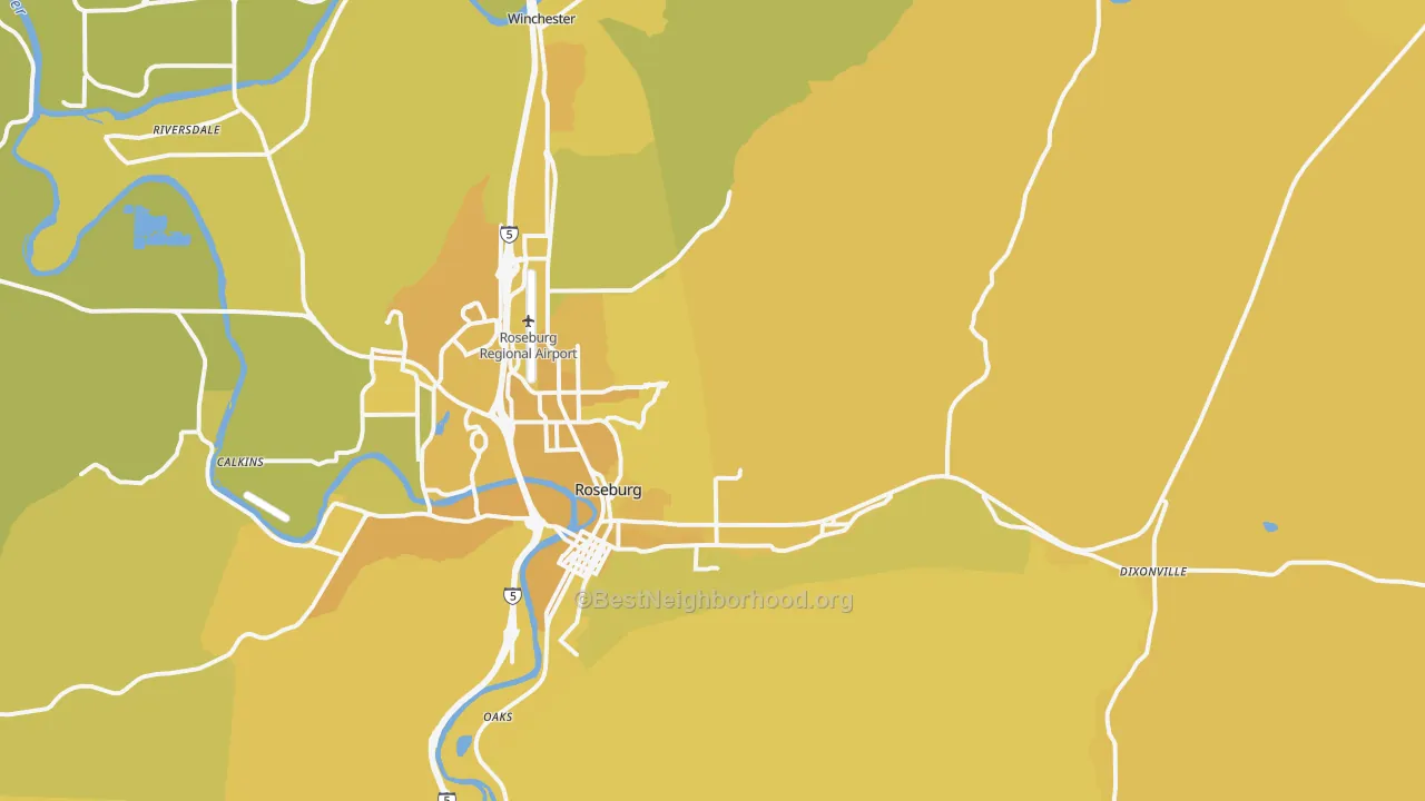 Map of the best neighborhoods in the 97470 area, with better matches in green and worse matches in red