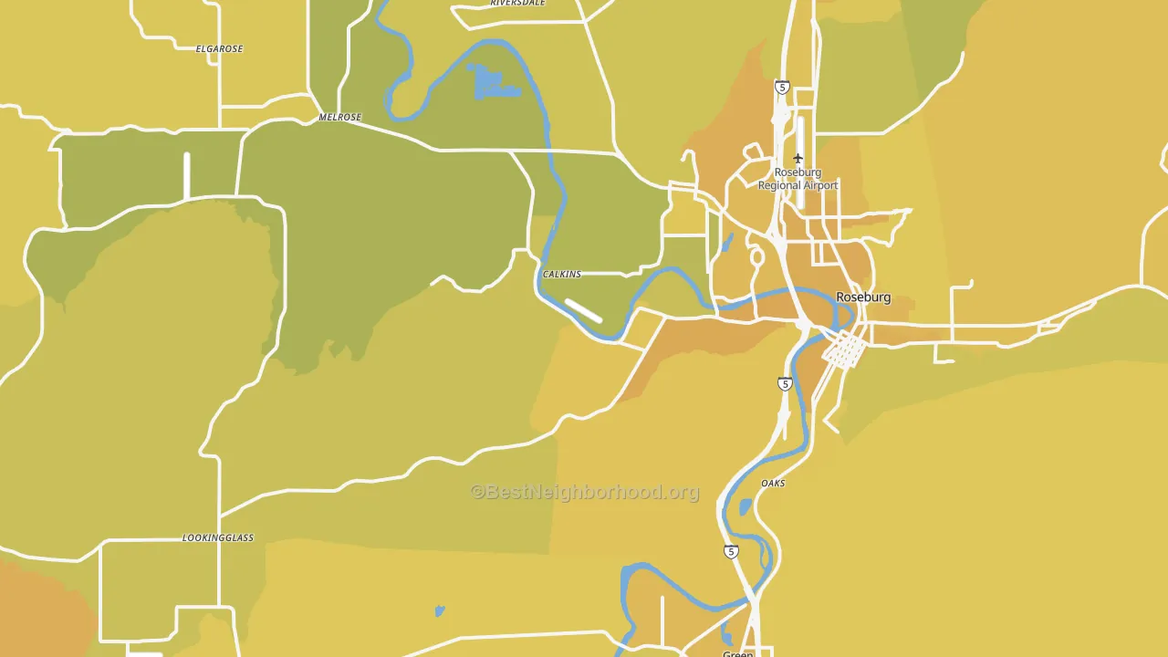 Map of the best neighborhoods in the 97471 area, with better matches in green and worse matches in red