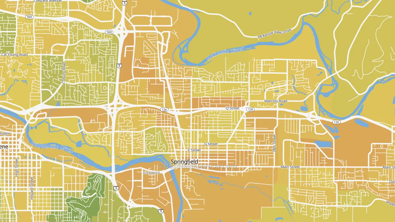 Map of the best neighborhoods in the 97477 area, with better matches in green and worse matches in red