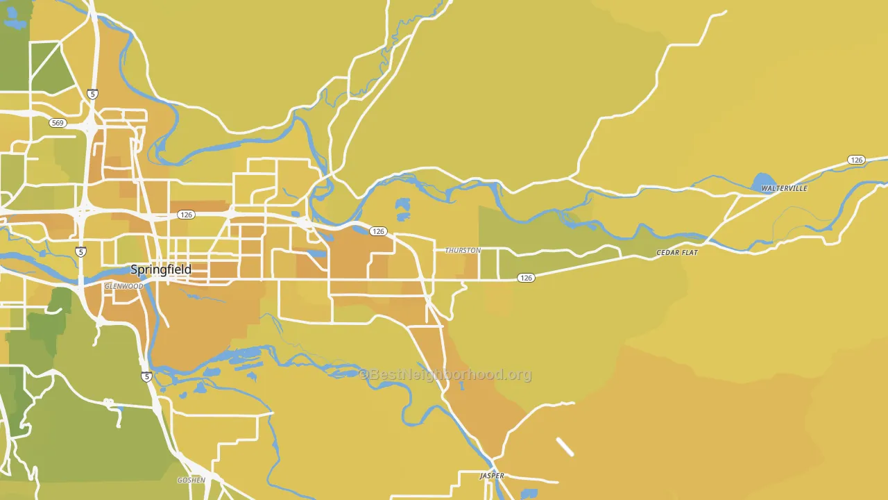 Map of the best neighborhoods in the 97478 area, with better matches in green and worse matches in red