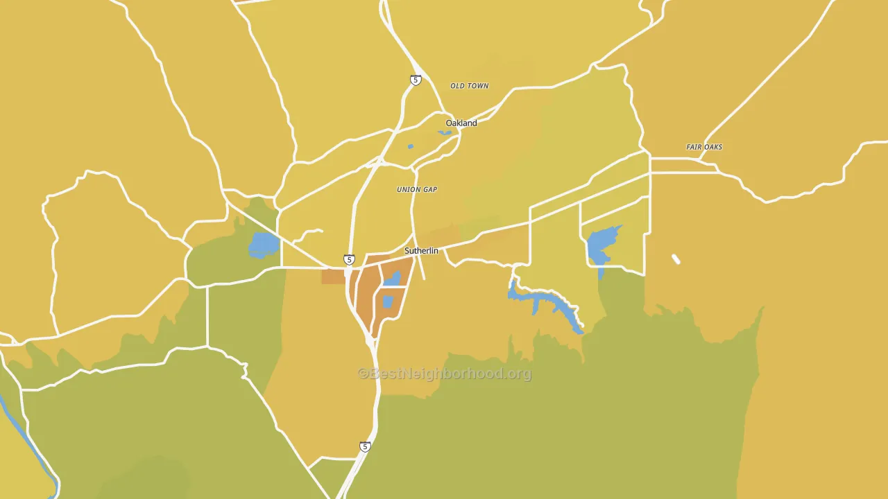 Map of the best neighborhoods in the 97479 area, with better matches in green and worse matches in red