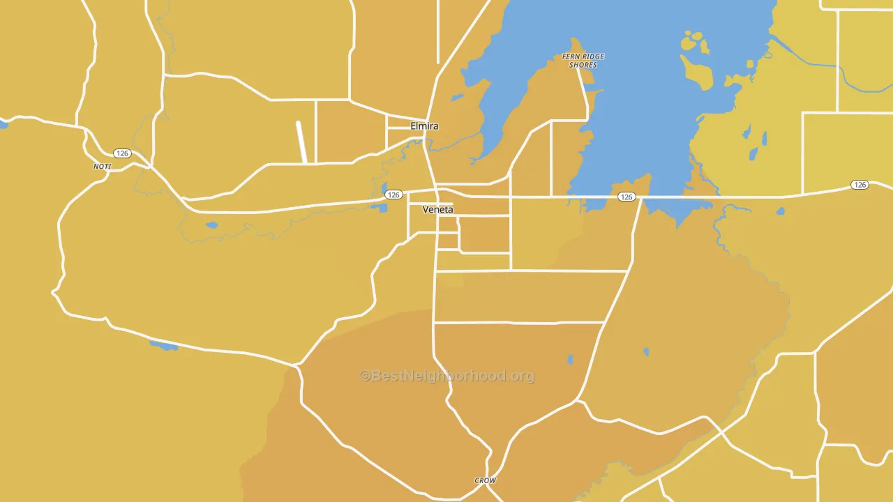 Map of the best neighborhoods in the 97487 area, with better matches in green and worse matches in red