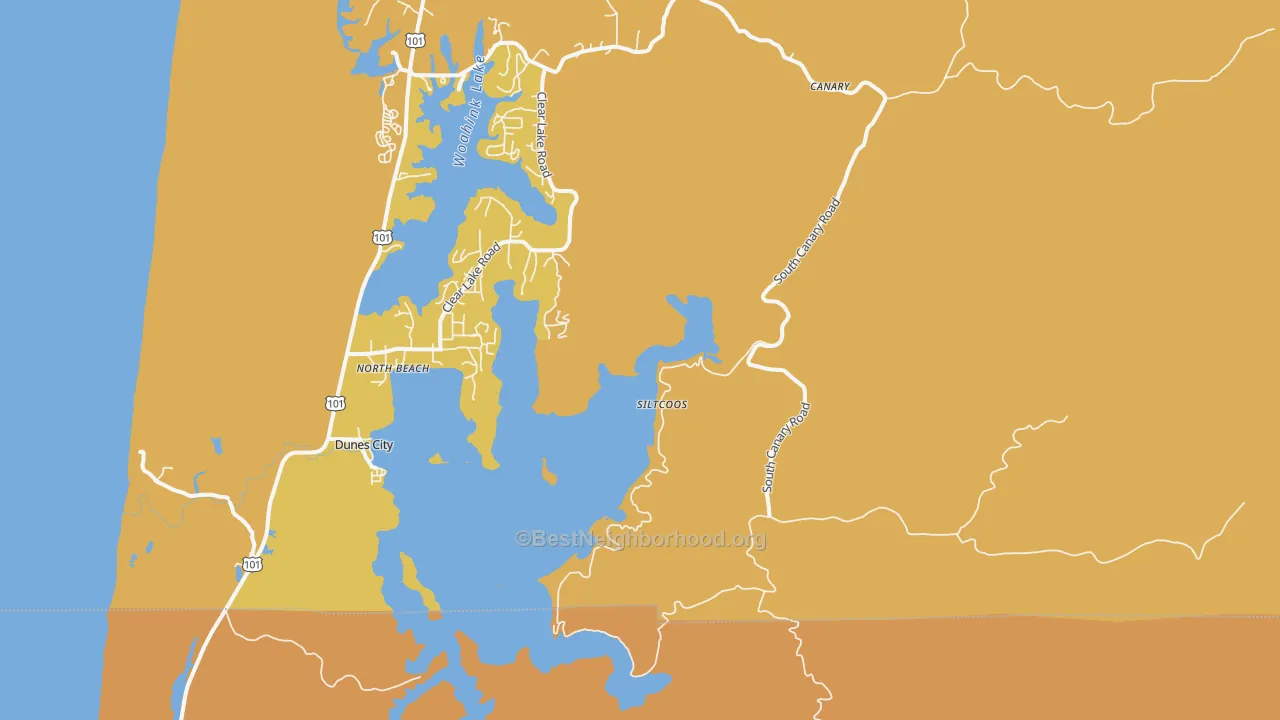Map of the best neighborhoods in the 97493 area, with better matches in green and worse matches in red