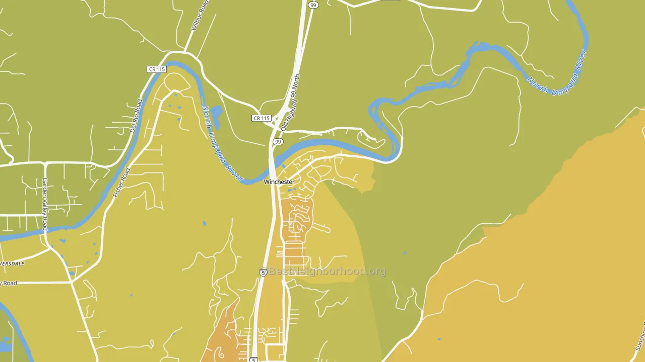 Map of the best neighborhoods in the 97495 area, with better matches in green and worse matches in red