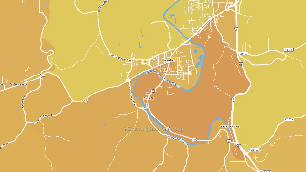 Map of the best neighborhoods in the 97496 area, with better matches in green and worse matches in red