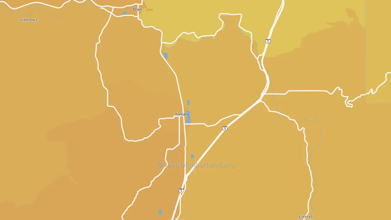 Map of the best neighborhoods in the 97499 area, with better matches in green and worse matches in red