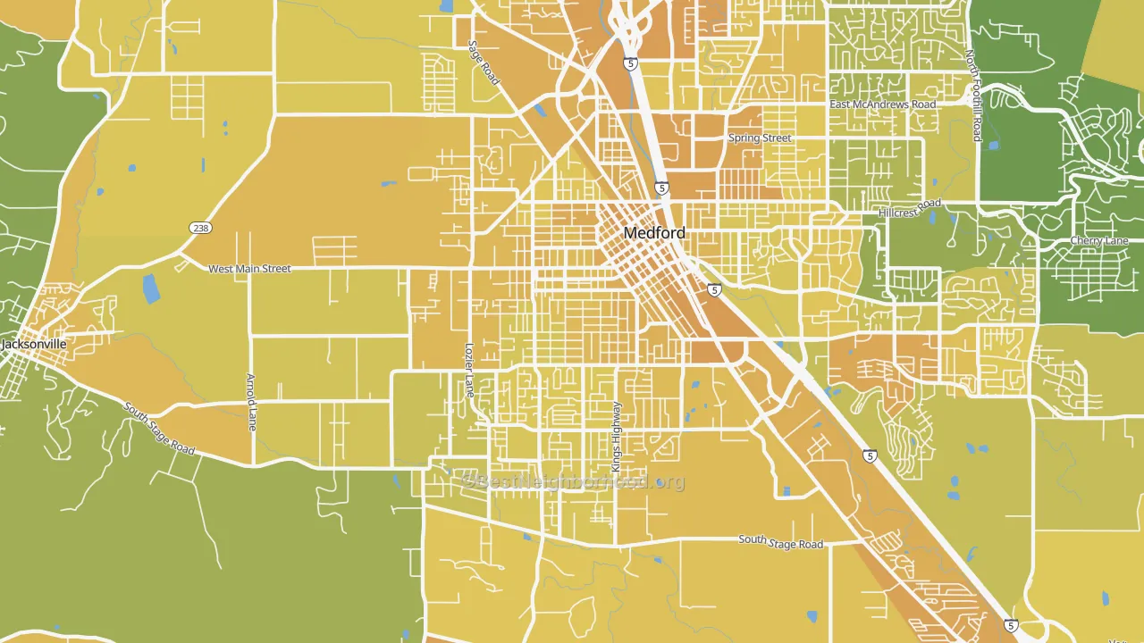 Map of the best neighborhoods in the 97501 area, with better matches in green and worse matches in red