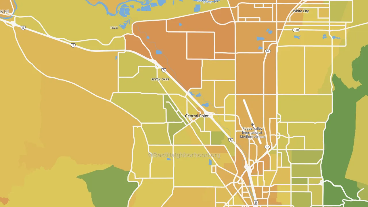 Map of the best neighborhoods in the 97502 area, with better matches in green and worse matches in red