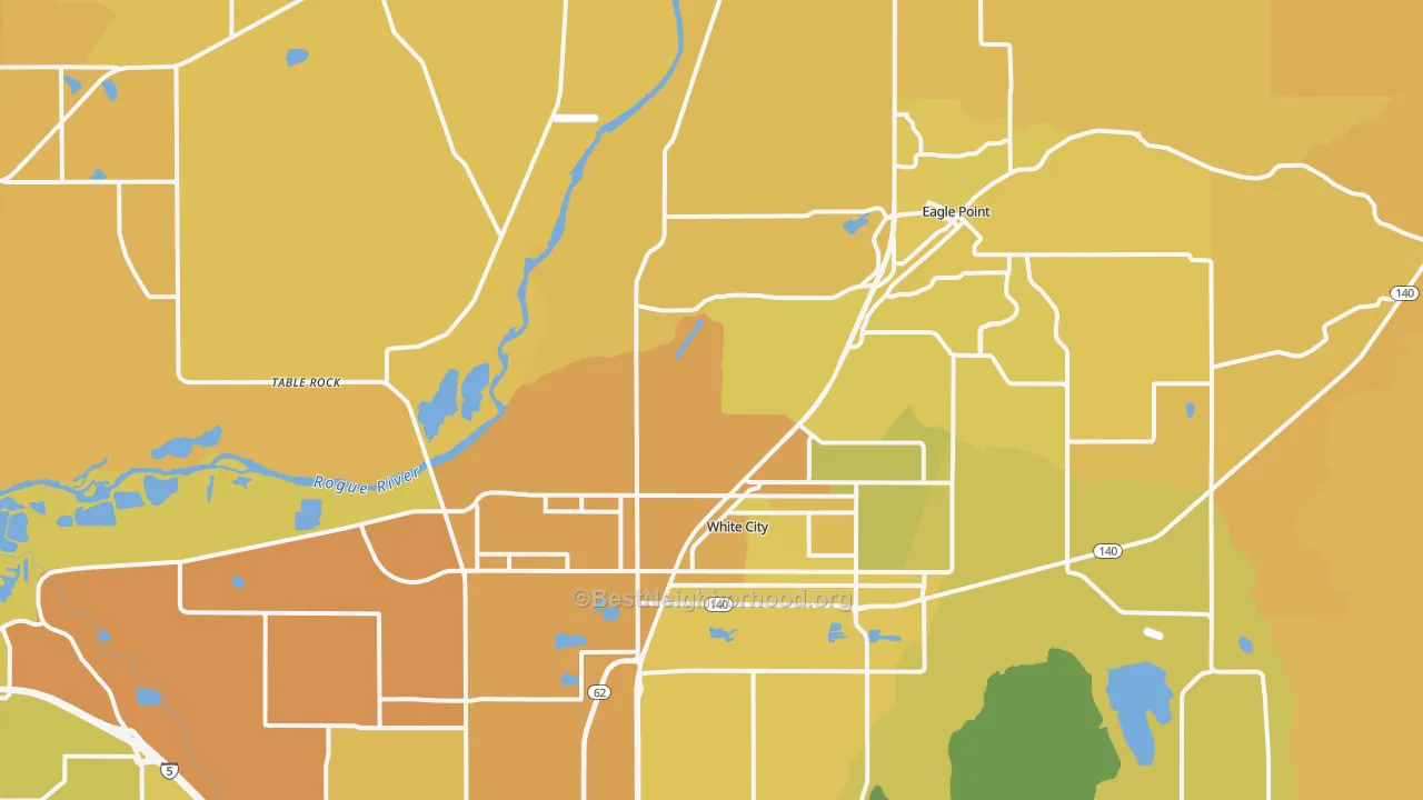 Map of the best neighborhoods in the 97503 area, with better matches in green and worse matches in red