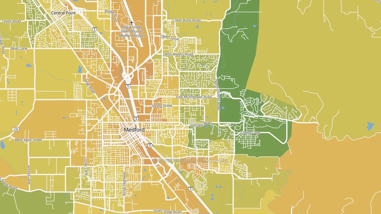Map of the best neighborhoods in the 97504 area, with better matches in green and worse matches in red