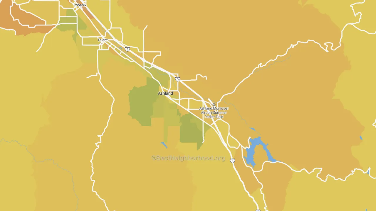 Map of the best neighborhoods in the 97520 area, with better matches in green and worse matches in red