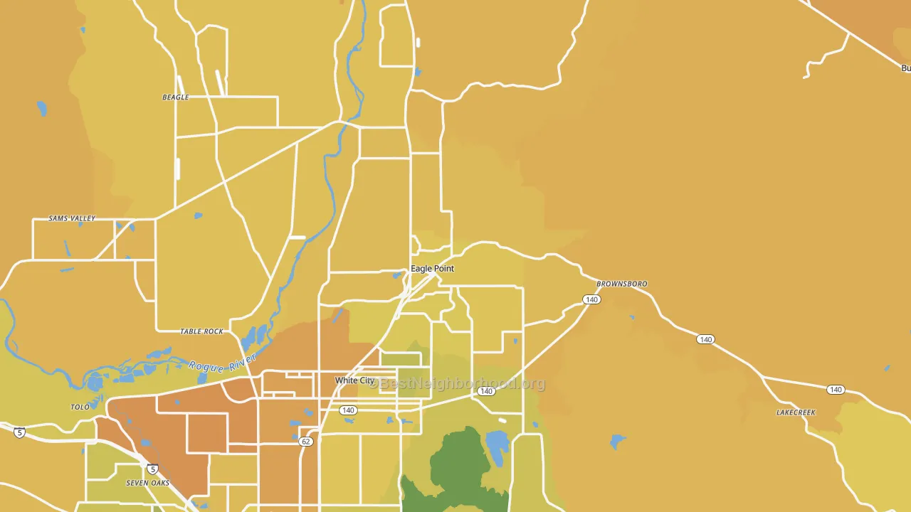 Map of the best neighborhoods in the 97524 area, with better matches in green and worse matches in red