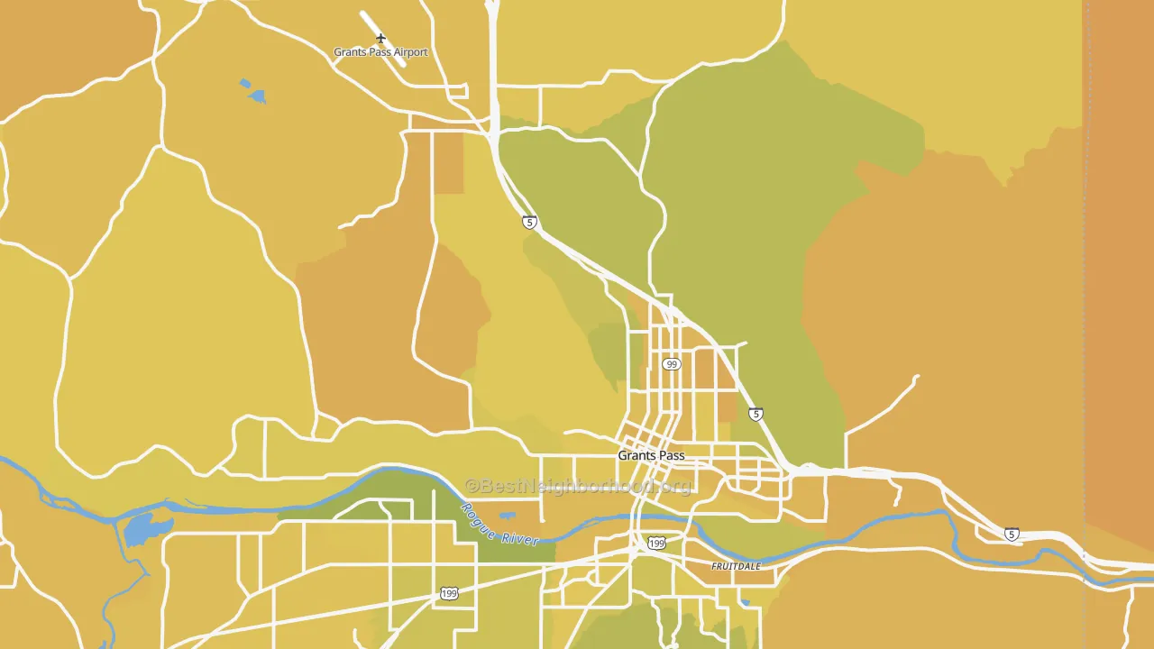 Map of the best neighborhoods in the 97526 area, with better matches in green and worse matches in red