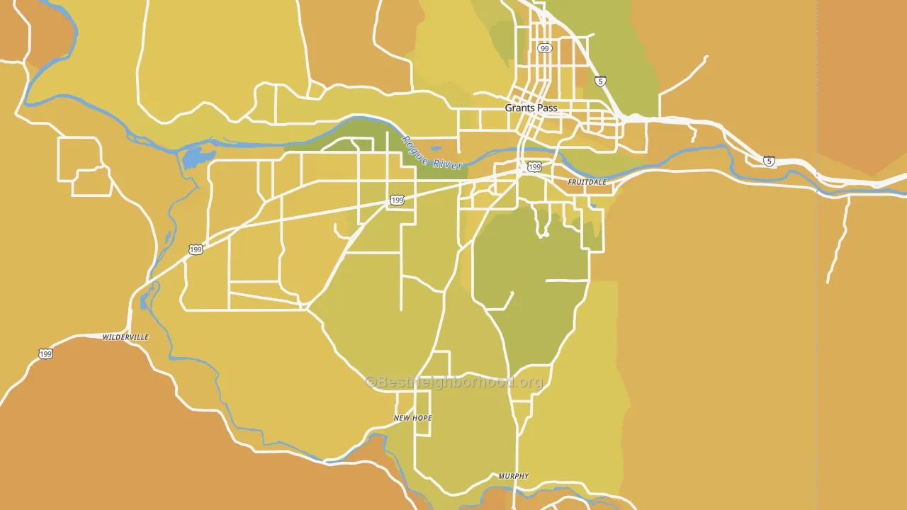 Map of the best neighborhoods in the 97527 area, with better matches in green and worse matches in red
