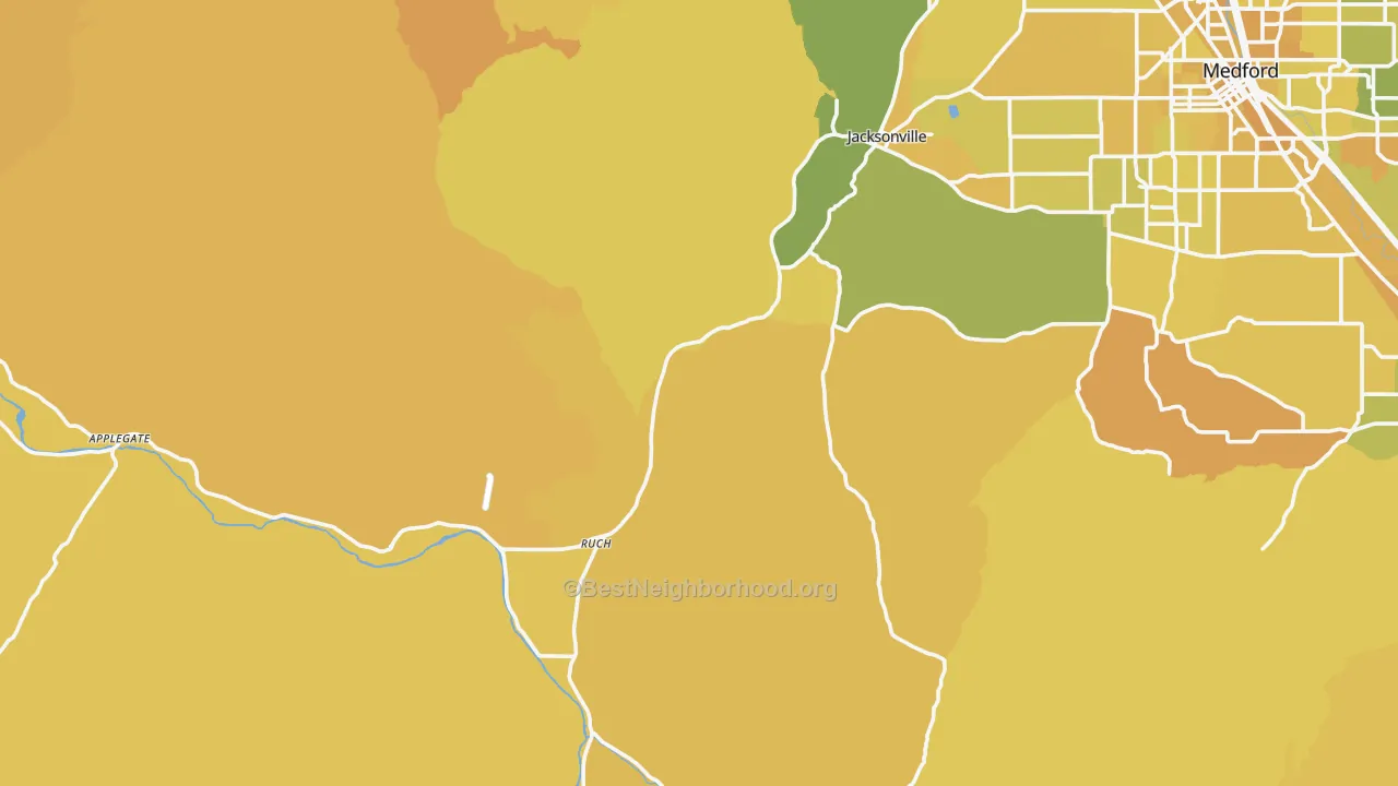 Map of the best neighborhoods in the 97530 area, with better matches in green and worse matches in red