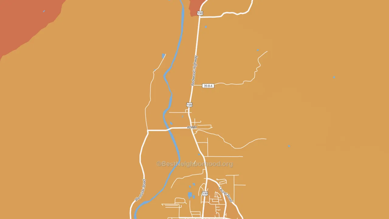 Map of the best neighborhoods in the 97531 area, with better matches in green and worse matches in red