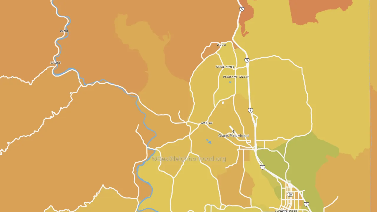 Map of the best neighborhoods in the 97532 area, with better matches in green and worse matches in red
