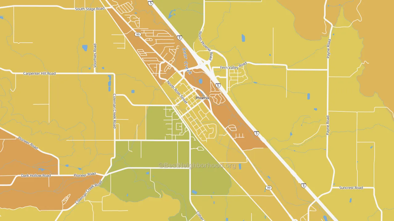 Map of the best neighborhoods in the 97535 area, with better matches in green and worse matches in red