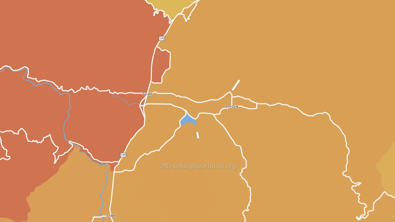 Map of the best neighborhoods in the 97538 area, with better matches in green and worse matches in red