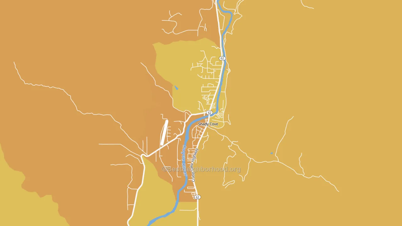 Map of the best neighborhoods in the 97539 area, with better matches in green and worse matches in red