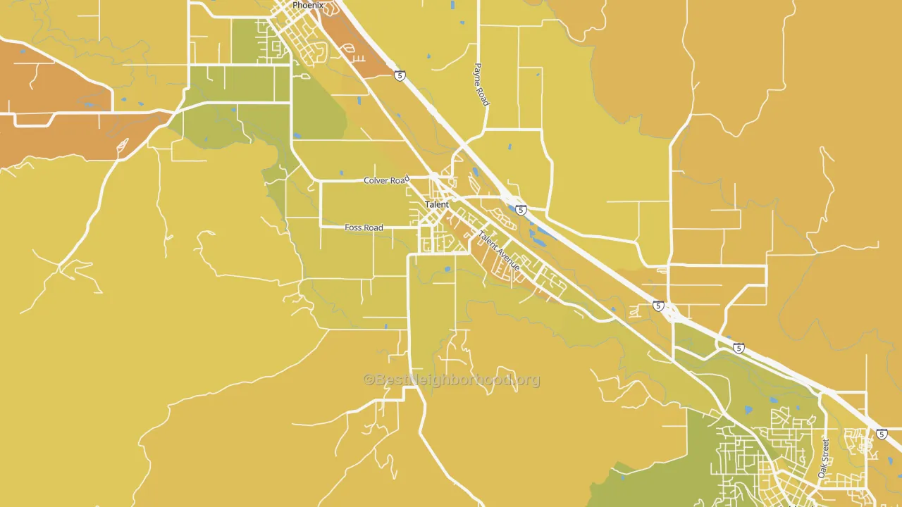 Map of the best neighborhoods in the 97540 area, with better matches in green and worse matches in red
