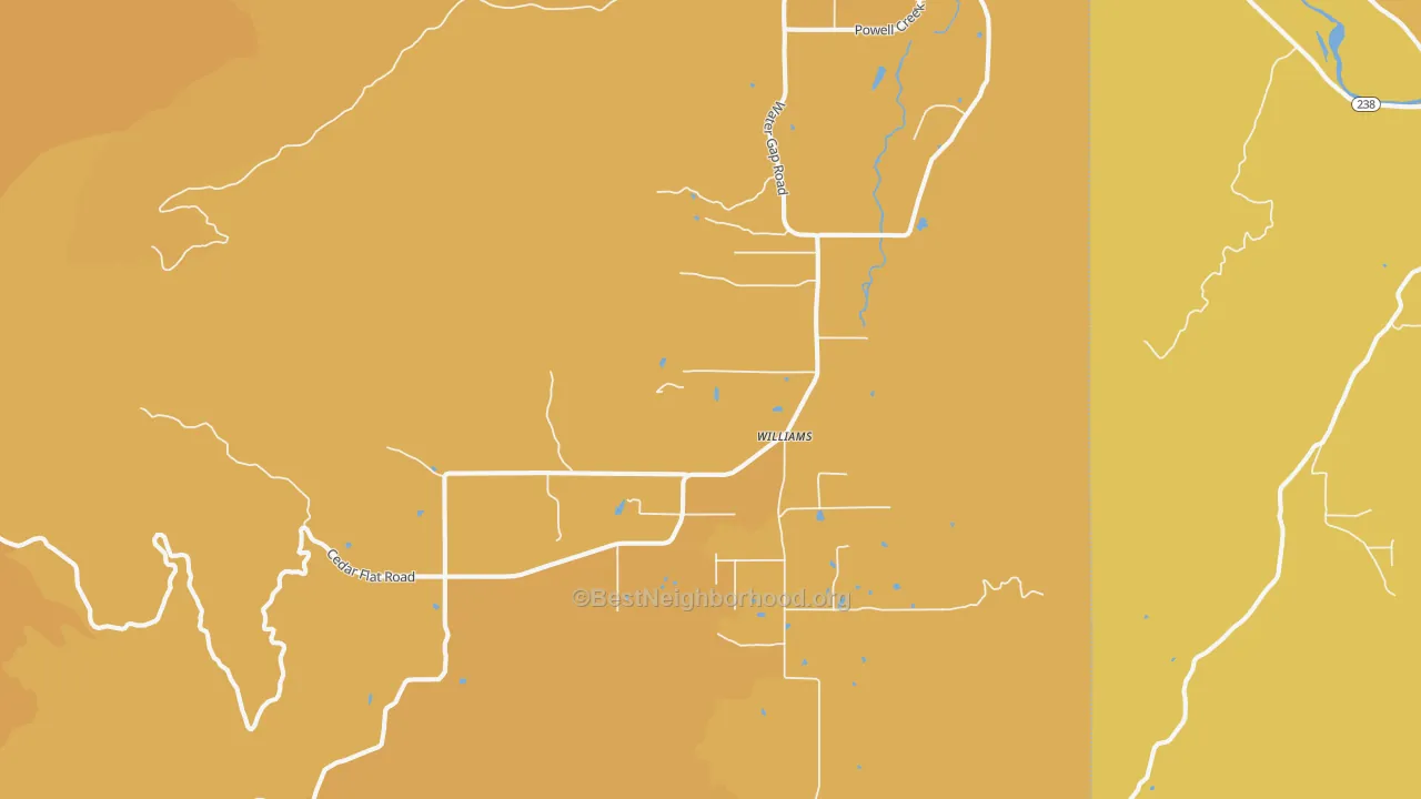 Map of the best neighborhoods in the 97544 area, with better matches in green and worse matches in red