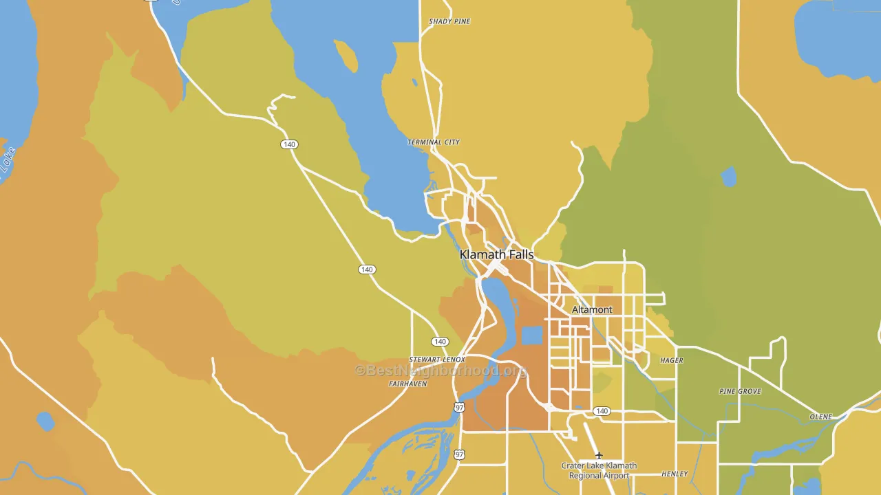 Map of the best neighborhoods in the 97601 area, with better matches in green and worse matches in red
