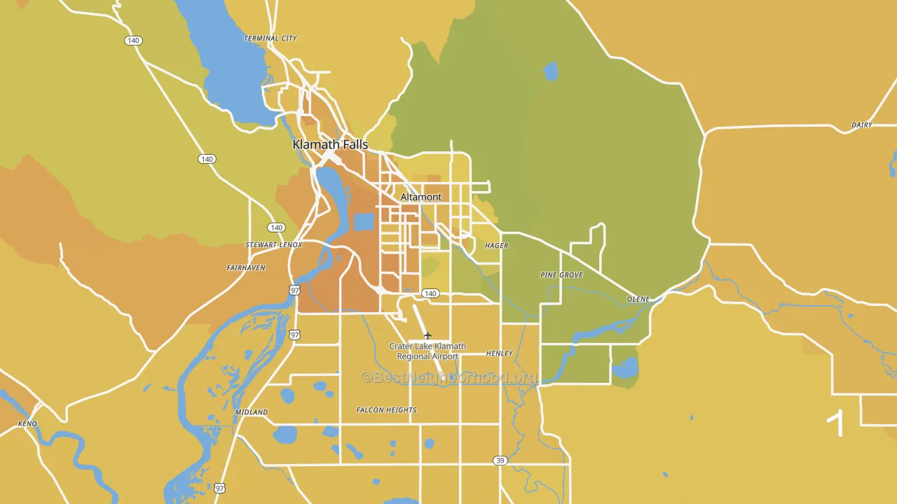 Map of the best neighborhoods in the 97603 area, with better matches in green and worse matches in red