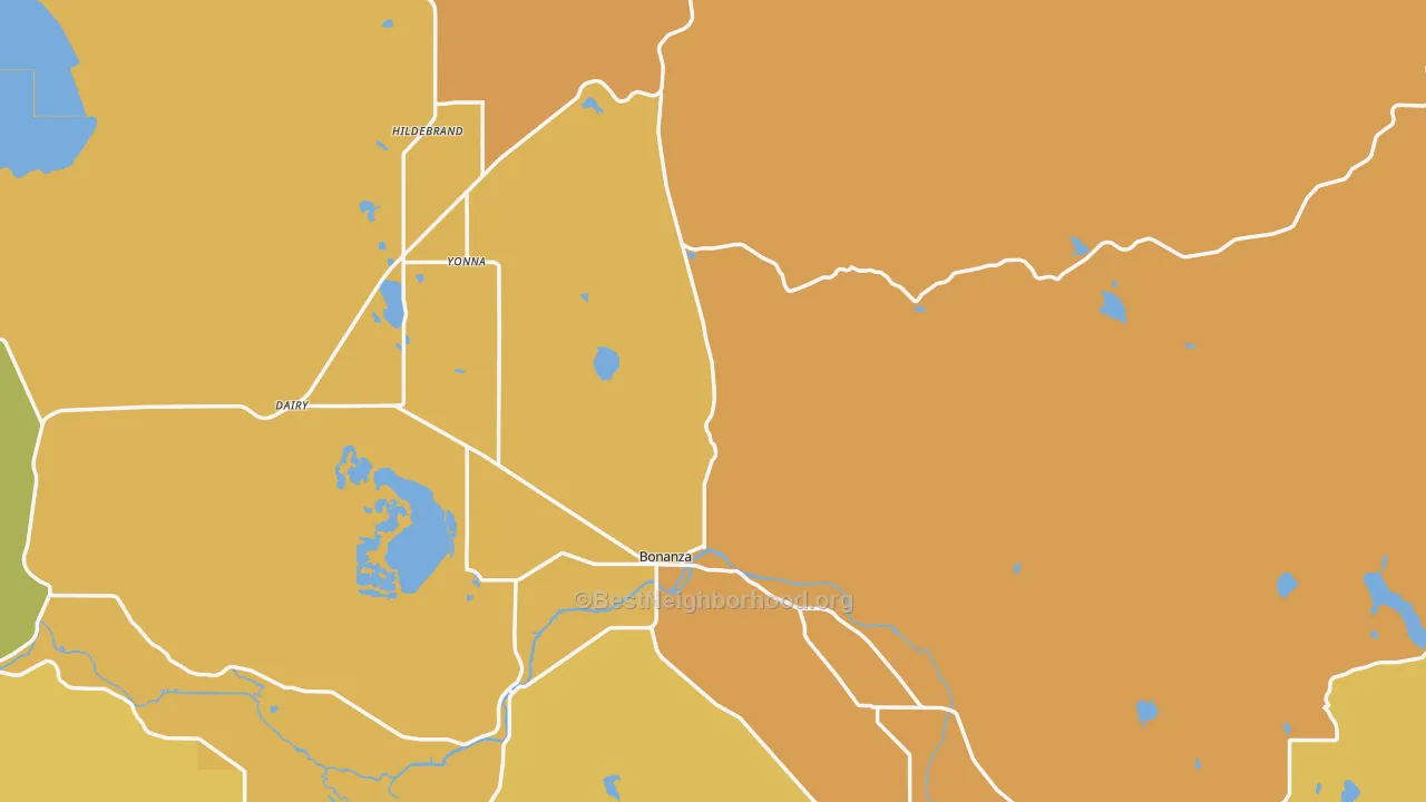 Map of the best neighborhoods in the 97623 area, with better matches in green and worse matches in red