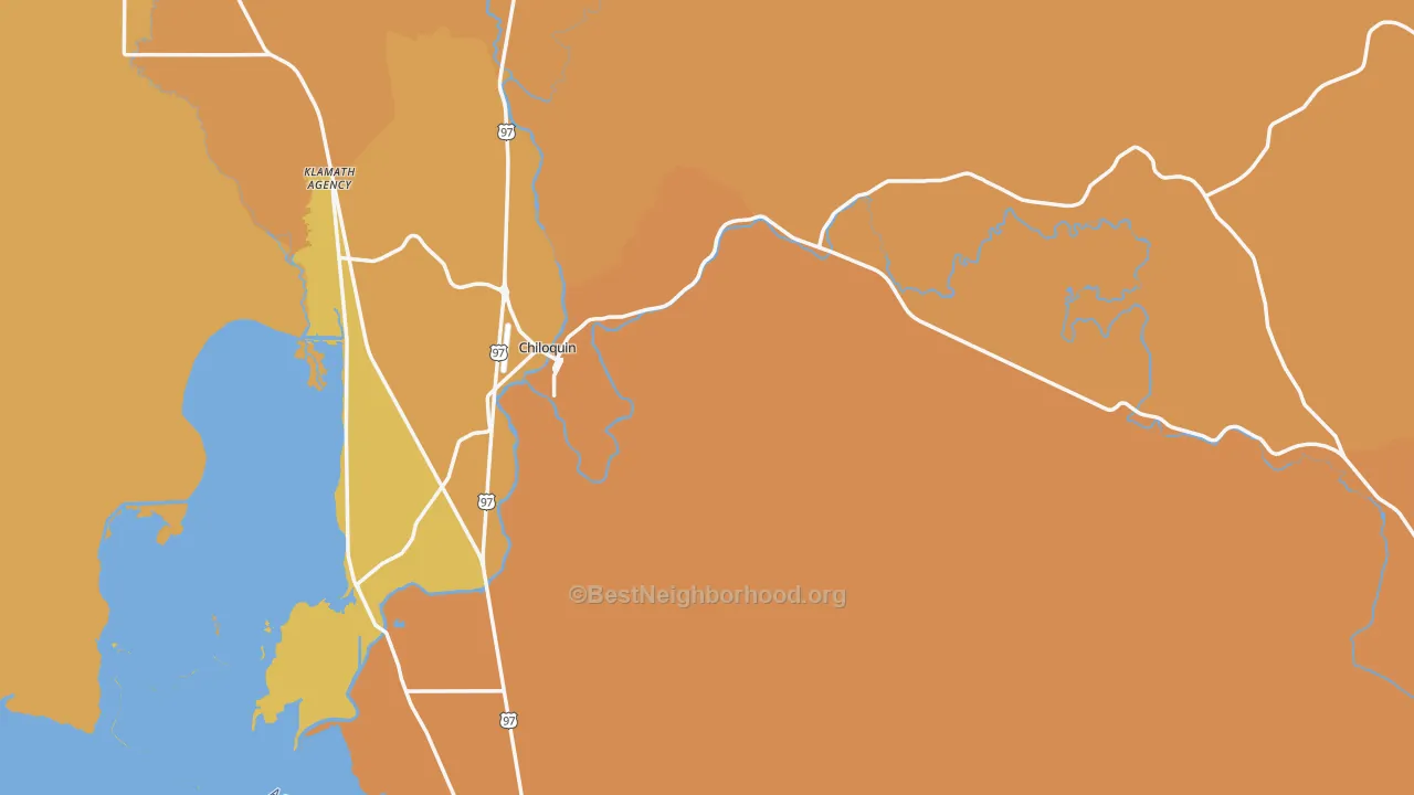 Map of the best neighborhoods in the 97624 area, with better matches in green and worse matches in red