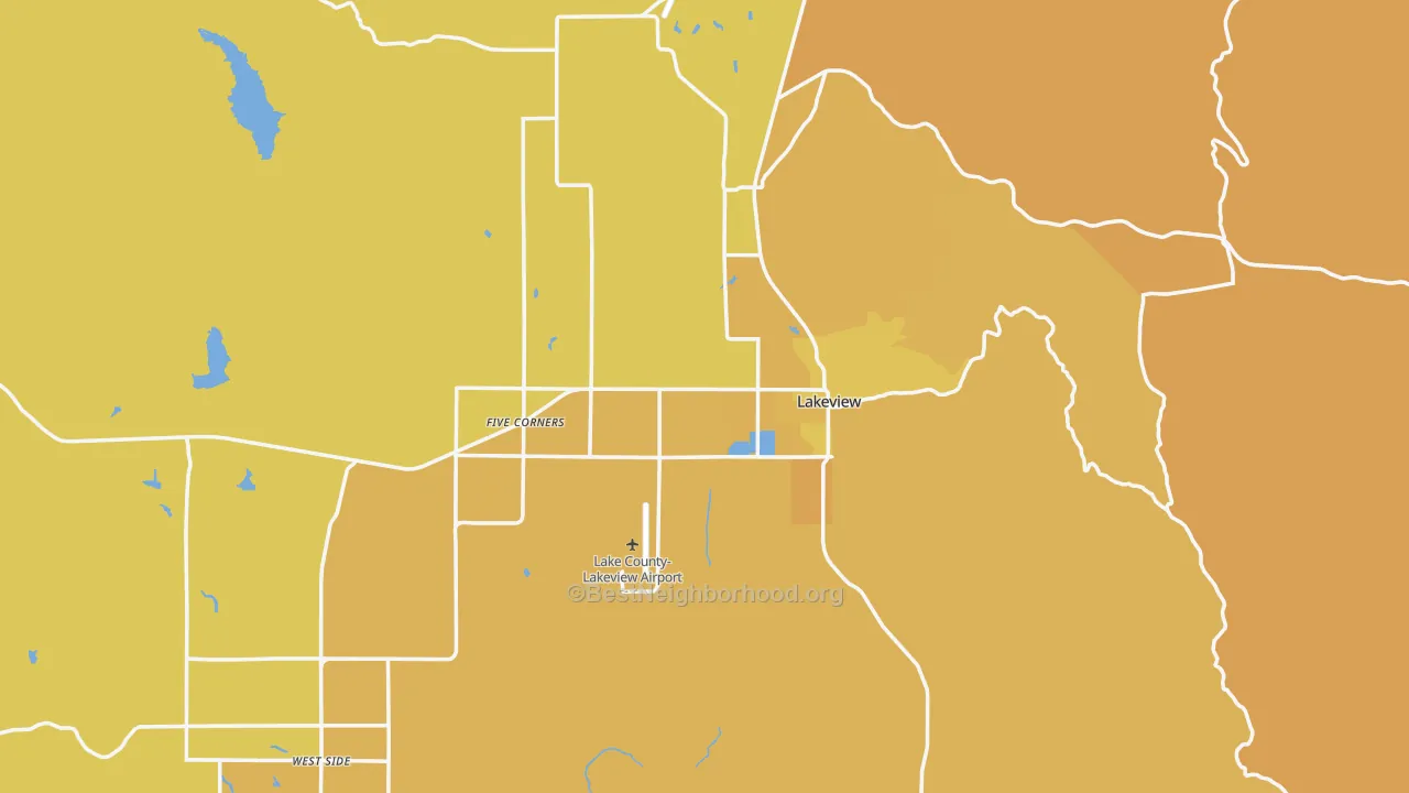 Map of the best neighborhoods in the 97630 area, with better matches in green and worse matches in red