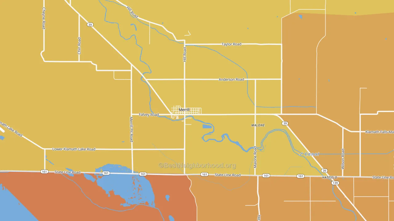 Map of the best neighborhoods in the 97633 area, with better matches in green and worse matches in red