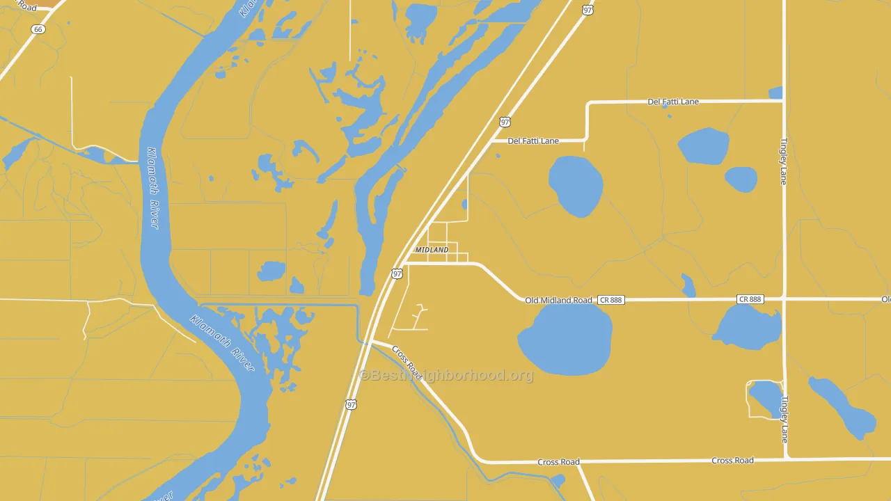 Map of the best neighborhoods in the 97634 area, with better matches in green and worse matches in red