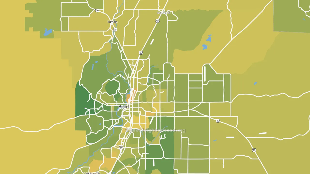 Map of the best neighborhoods in the 97701 area, with better matches in green and worse matches in red