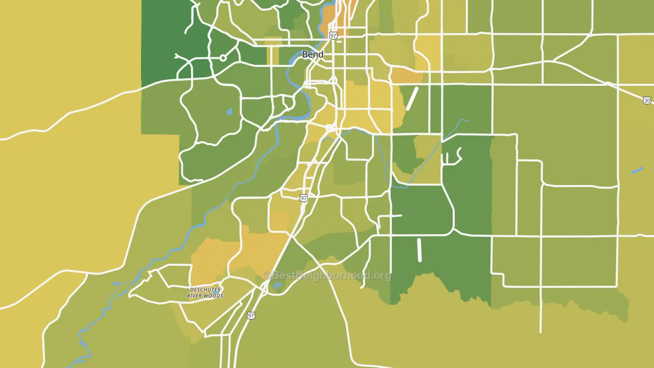Map of the best neighborhoods in the 97702 area, with better matches in green and worse matches in red