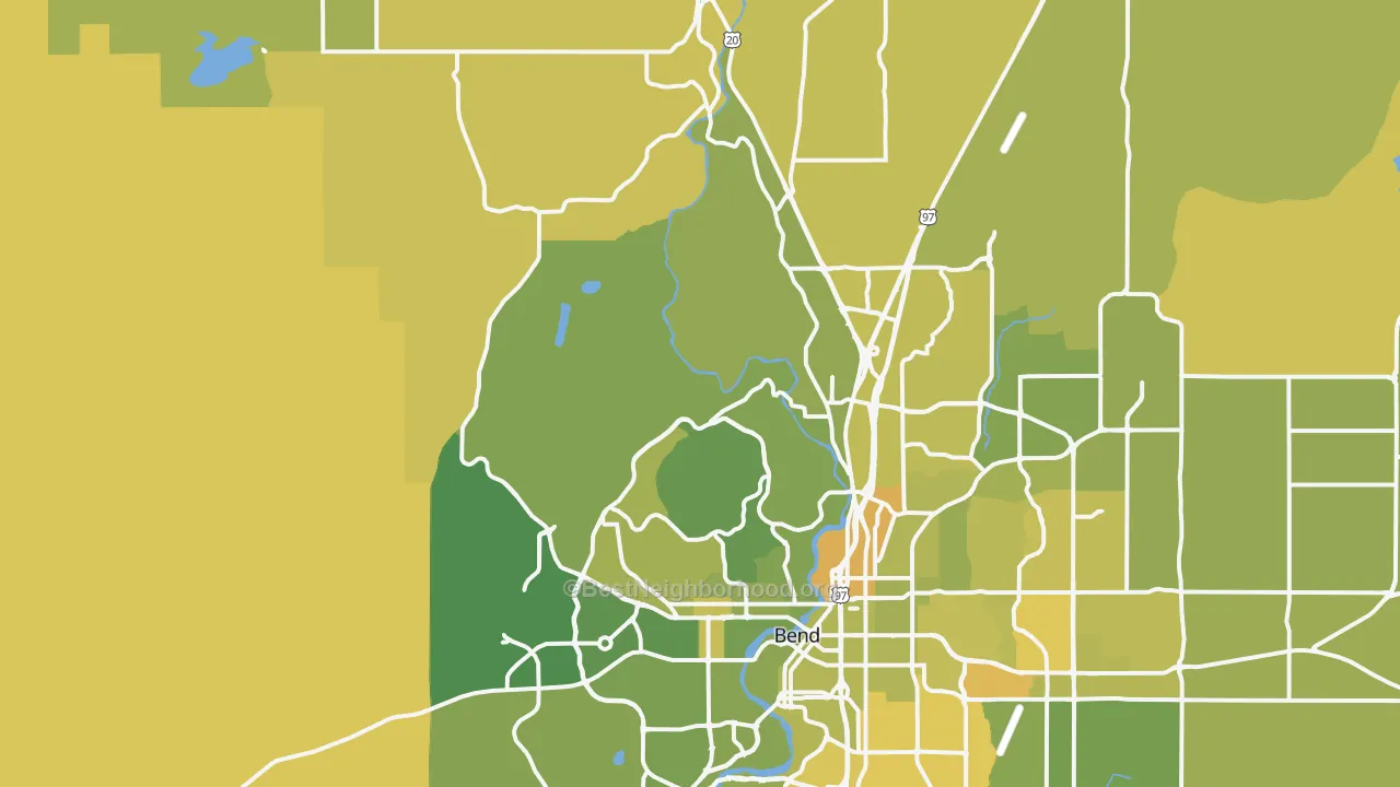 Map of the best neighborhoods in the 97703 area, with better matches in green and worse matches in red