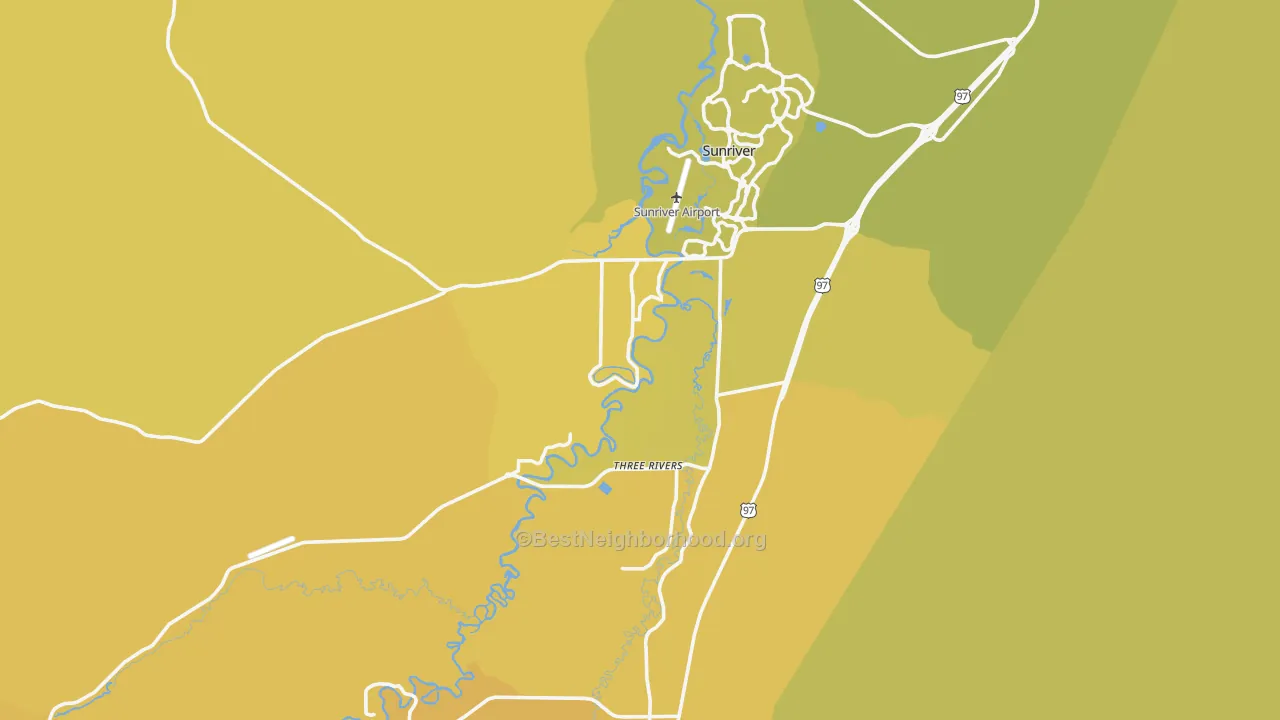 Map of the best neighborhoods in the 97707 area, with better matches in green and worse matches in red