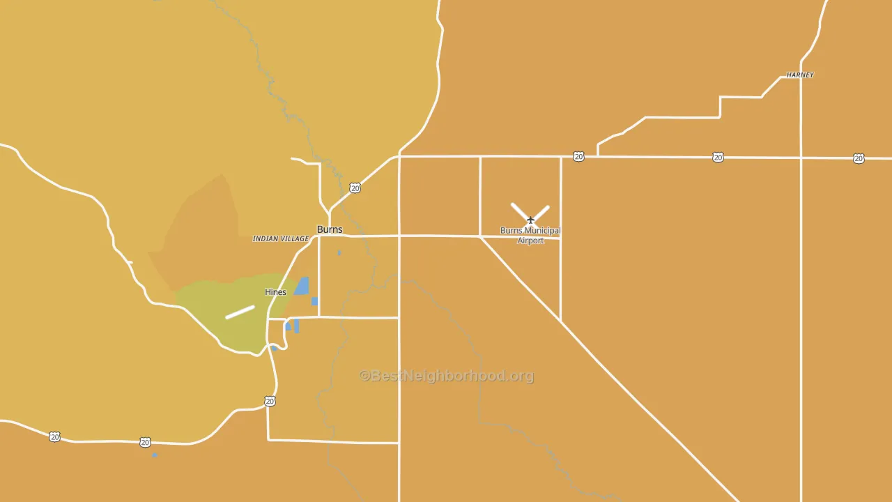 Map of the best neighborhoods in the 97720 area, with better matches in green and worse matches in red