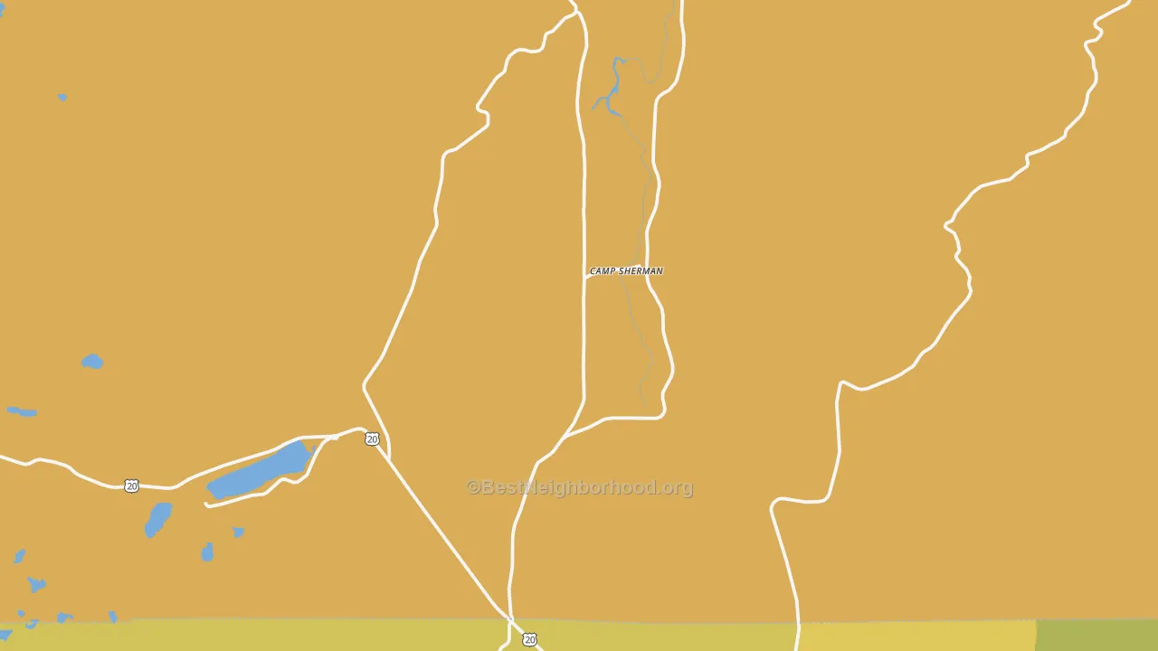 Map of the best neighborhoods in the 97730 area, with better matches in green and worse matches in red