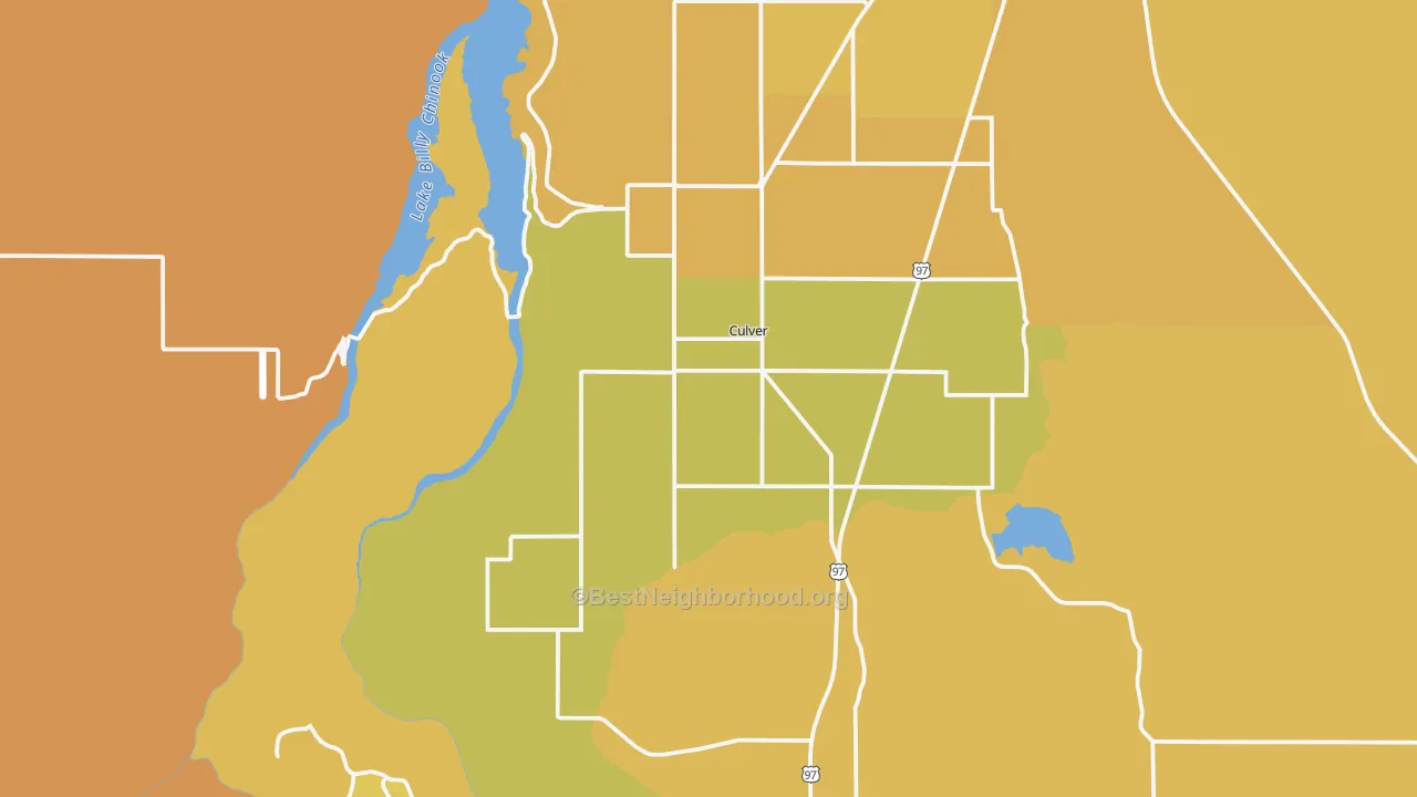 Map of the best neighborhoods in the 97734 area, with better matches in green and worse matches in red