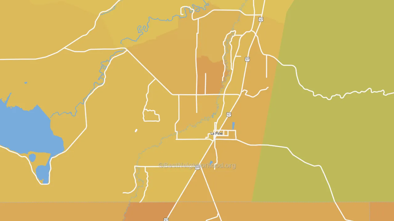 Map of the best neighborhoods in the 97739 area, with better matches in green and worse matches in red