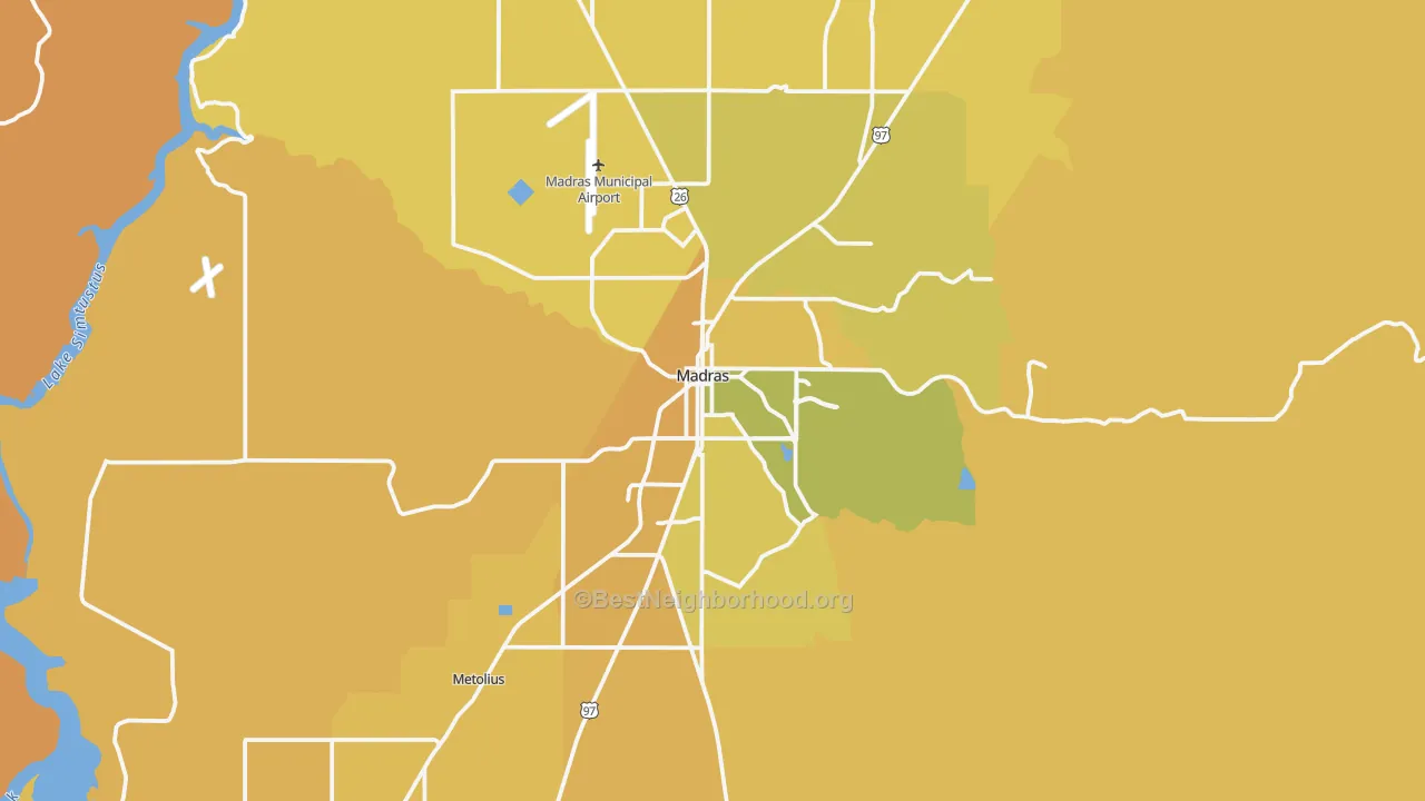 Map of the best neighborhoods in the 97741 area, with better matches in green and worse matches in red