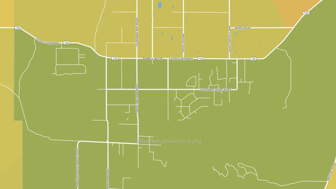 Map of the best neighborhoods in the 97753 area, with better matches in green and worse matches in red