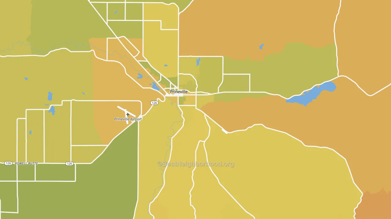 Map of the best neighborhoods in the 97754 area, with better matches in green and worse matches in red