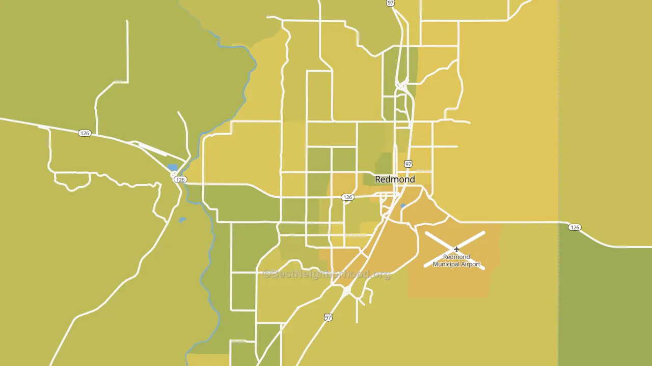 Map of the best neighborhoods in the 97756 area, with better matches in green and worse matches in red