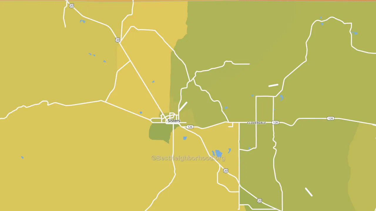 Map of the best neighborhoods in the 97759 area, with better matches in green and worse matches in red