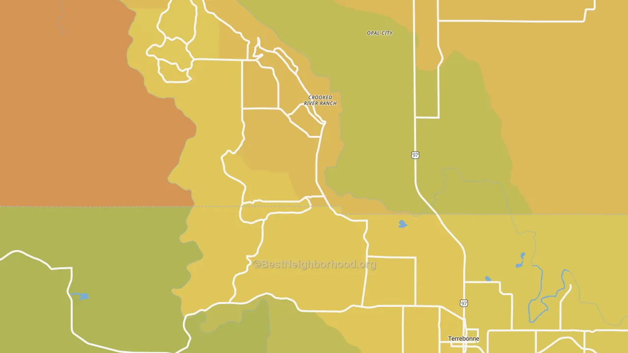 Map of the best neighborhoods in the 97760 area, with better matches in green and worse matches in red