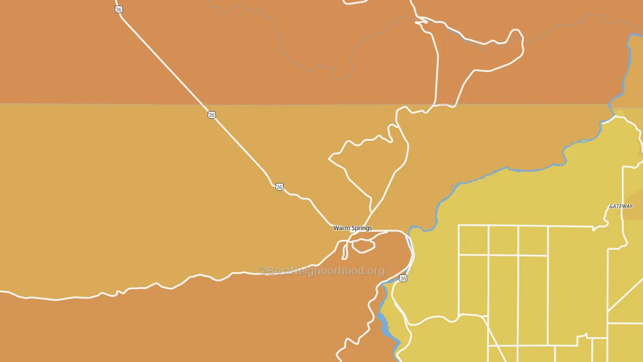 Map of the best neighborhoods in the 97761 area, with better matches in green and worse matches in red