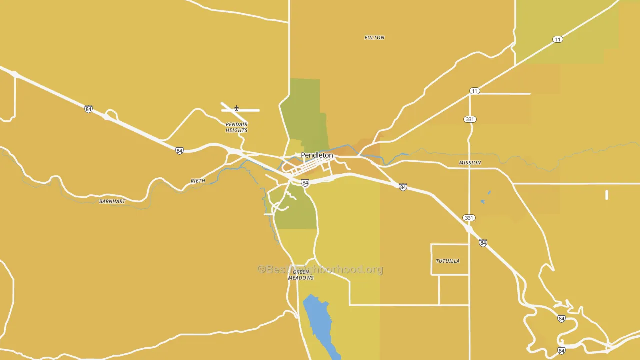 Map of the best neighborhoods in the 97801 area, with better matches in green and worse matches in red